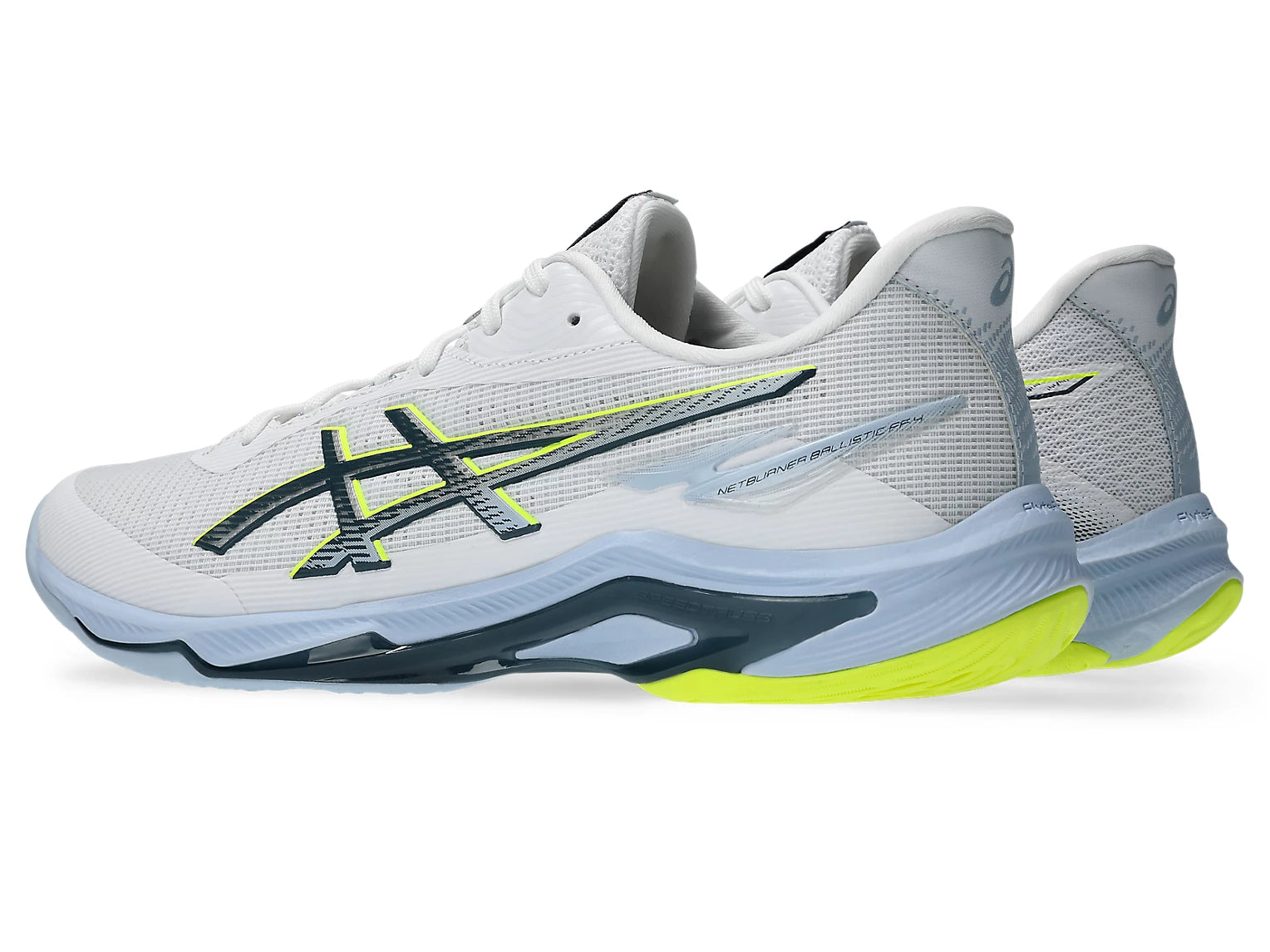 Innebandysko i vitt med Asics-design i blått och lime, välvd sula och snörning.