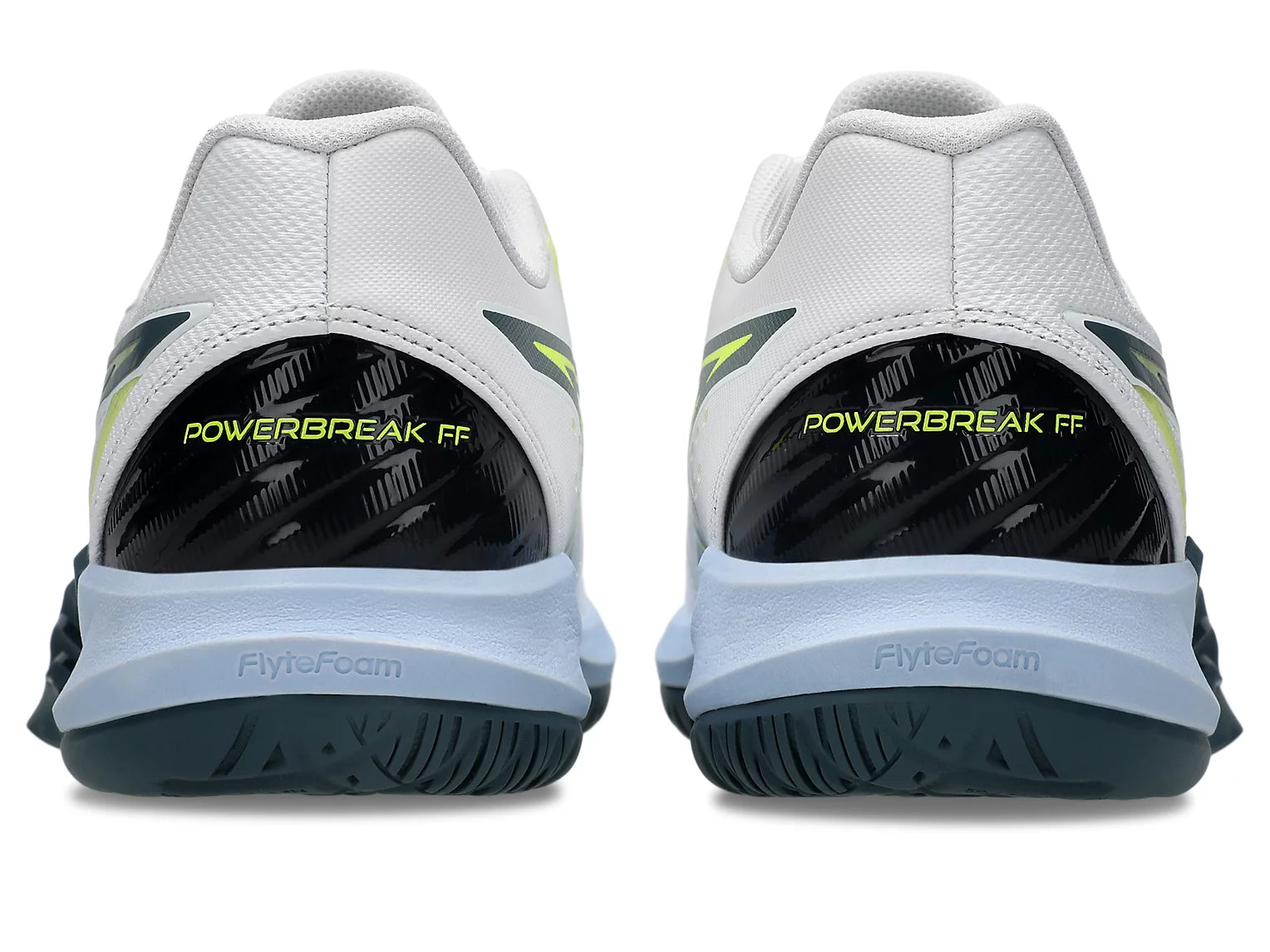 Bakre vy av innebandyssko Asics Powerbreak FF i vitt med svart hälparti