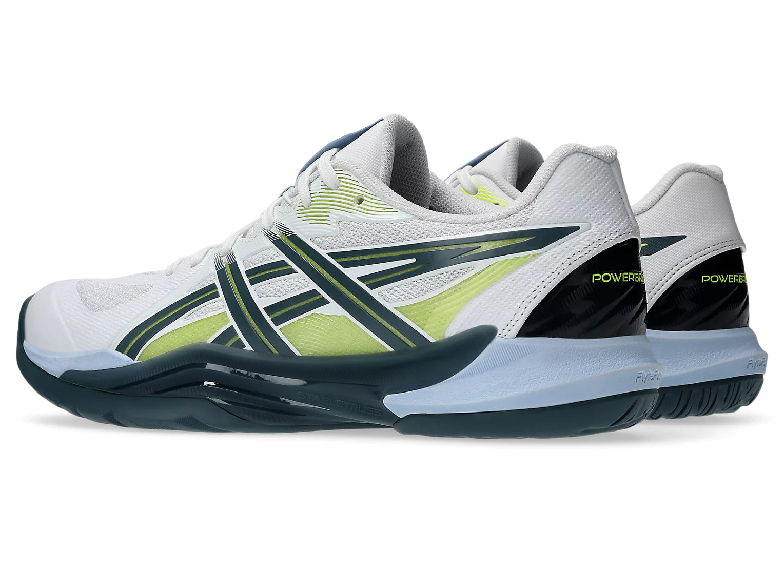 Innebandyssko Asics Powerbreak FF i vitt med gröna ränder och mörk sula