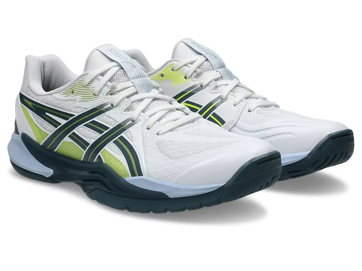 Innebandyssko Asics Powerbreak FF i vitt med gröna detaljer och mörk mellansula