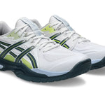 Innebandyssko Asics Powerbreak FF i vitt med gröna detaljer och mörk mellansula