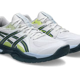 Innebandyssko Asics Powerbreak FF i vitt med gröna detaljer och mörk mellansula