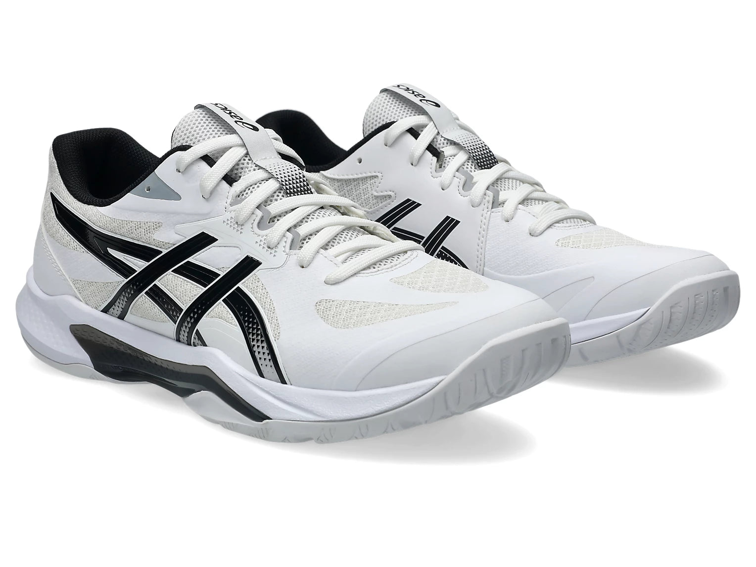 Innebandyaskor Asics Gel-Tactic 13 i vit med svarta ränder, två skor i sned vy