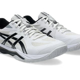 Innebandyaskor Asics Gel-Tactic 13 i vit med svarta ränder, två skor i sned vy