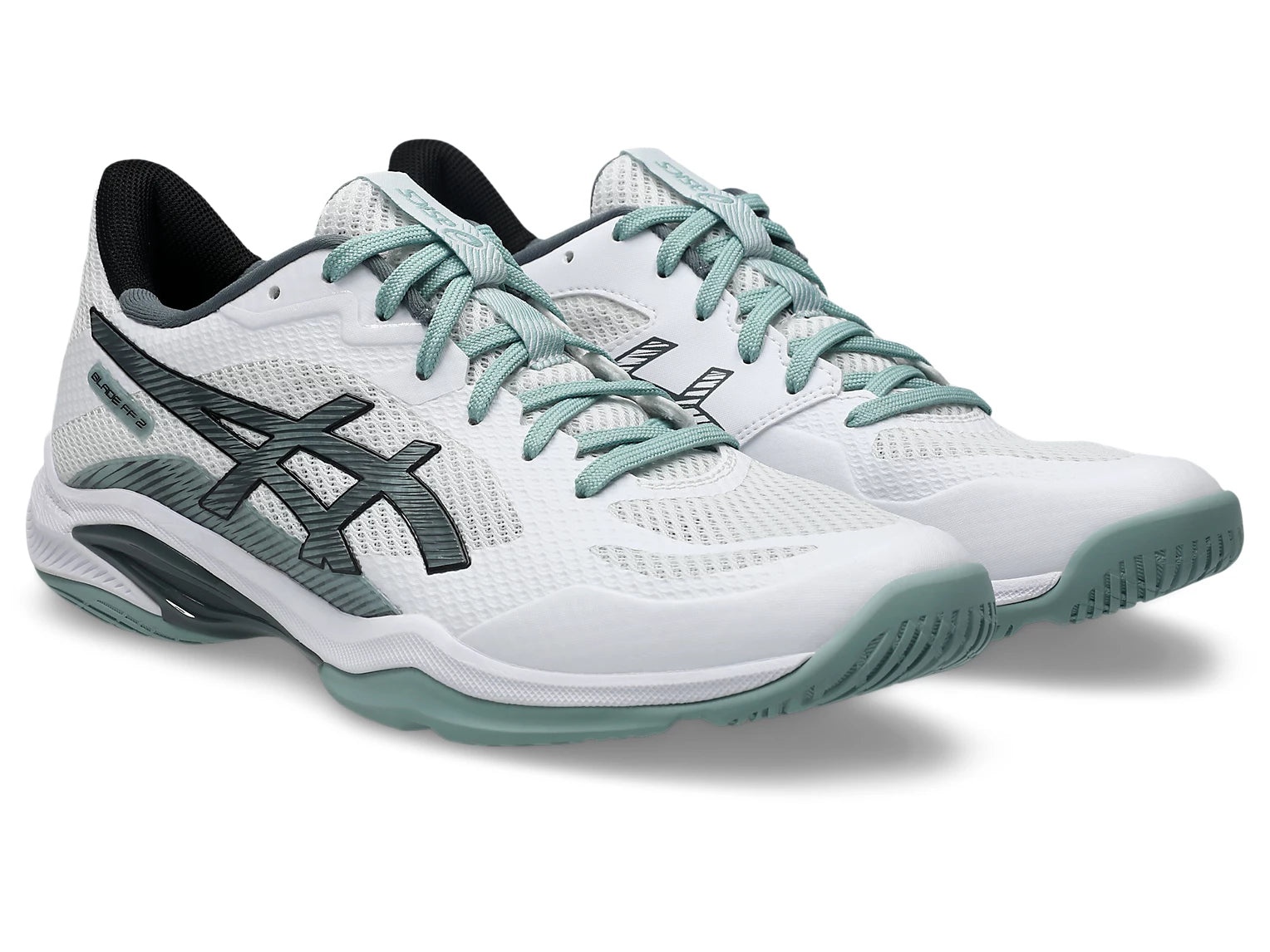 Innebandysskor ASICS i vit med mintgröna skosnören och svart logga