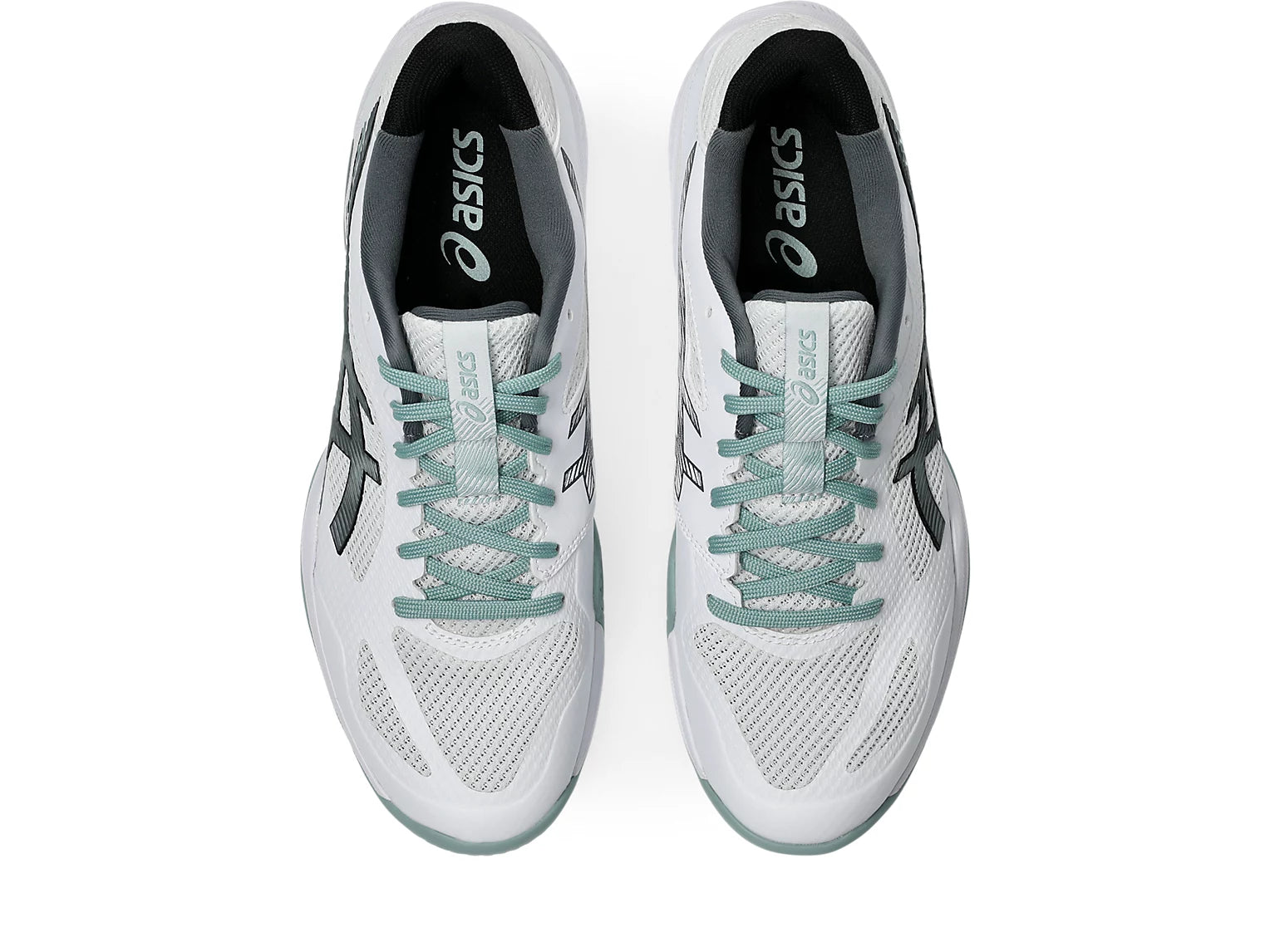 Innebandysko ASICS i par: vit ovansida med mintgröna skosnören