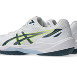 Innebandysko Asics Beyond FF 2 M vit med limegrönt Asics-motiv och kraftig mellansula.
