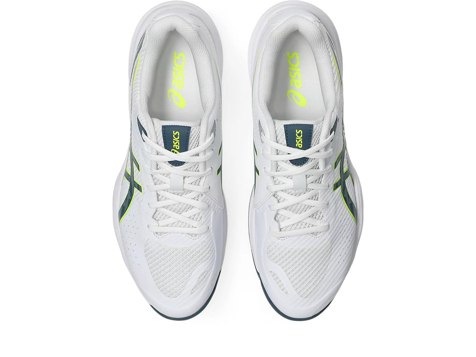 Innebandyskor Asics Beyond FF 2 M parvis, vita snören och limegröna märkningar.