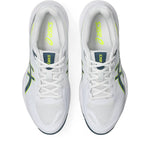 Innebandyskor Asics Beyond FF 2 M parvis, vita snören och limegröna märkningar.
