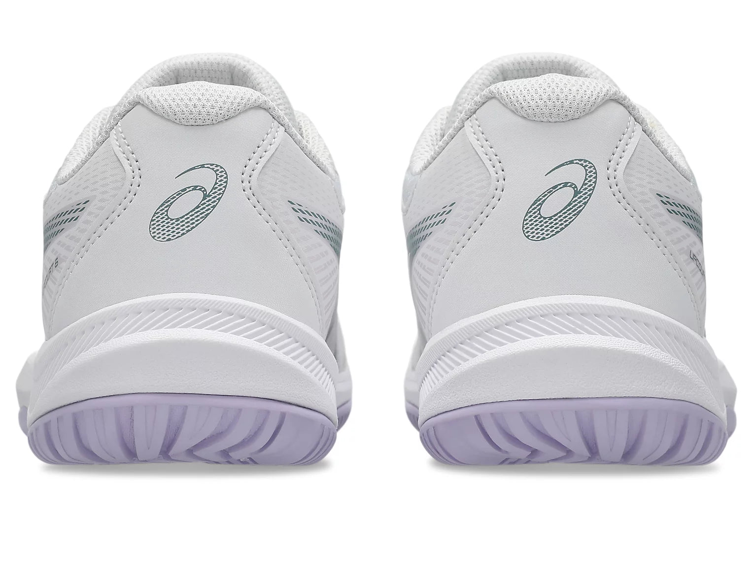 Innebandysko med vit hälparti, Asics-logga och lila dämpad sula