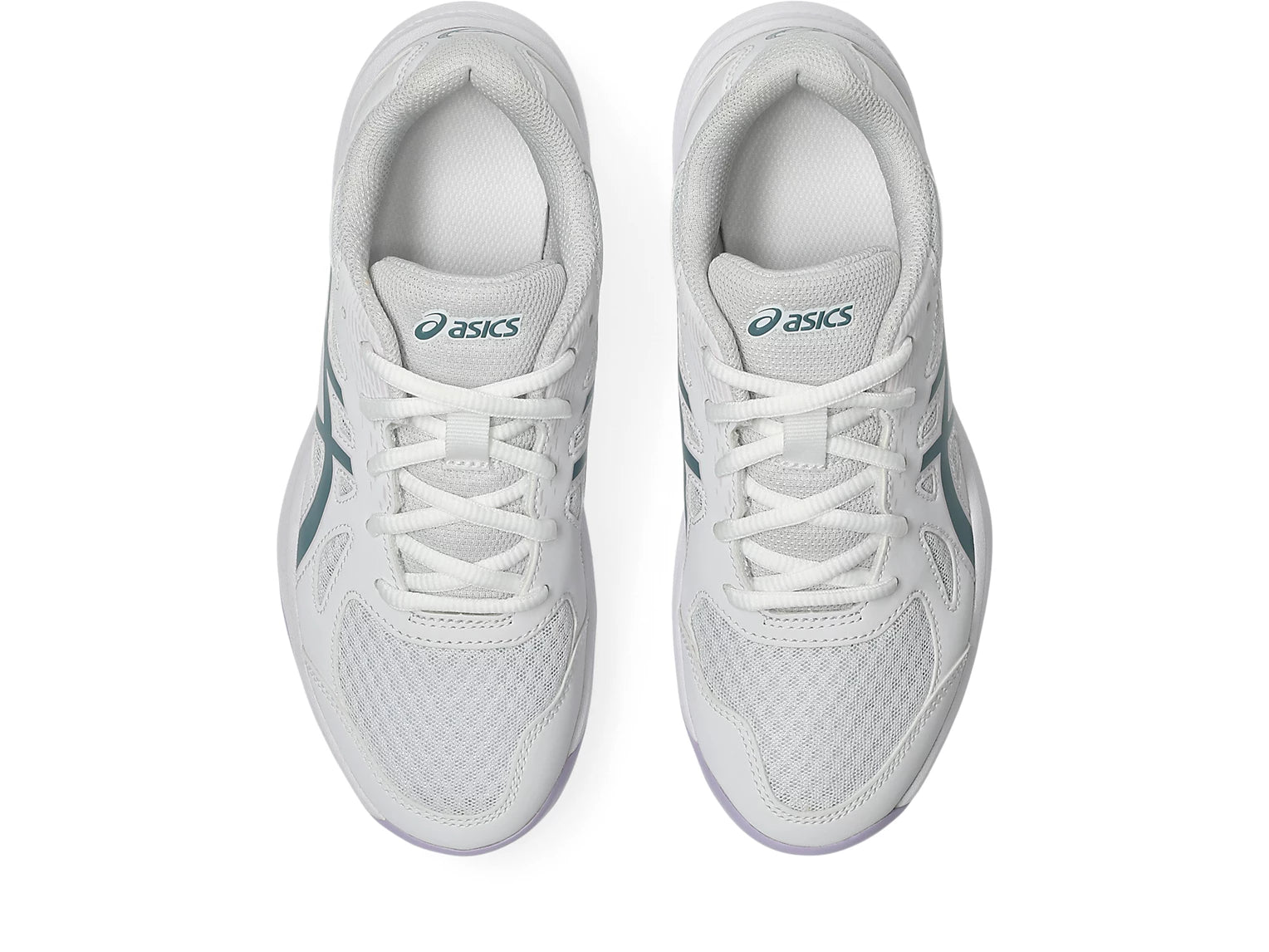 Innebandysko i vitt med vit snörning och Asics-logga på tungan