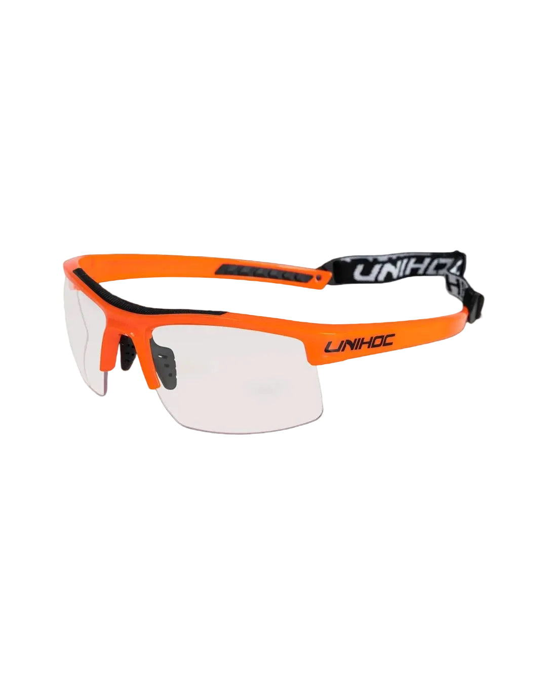 Skyddsglasögon ENERGY med neonorange båge, klara linser och svart UNIHOC-text på sidorna