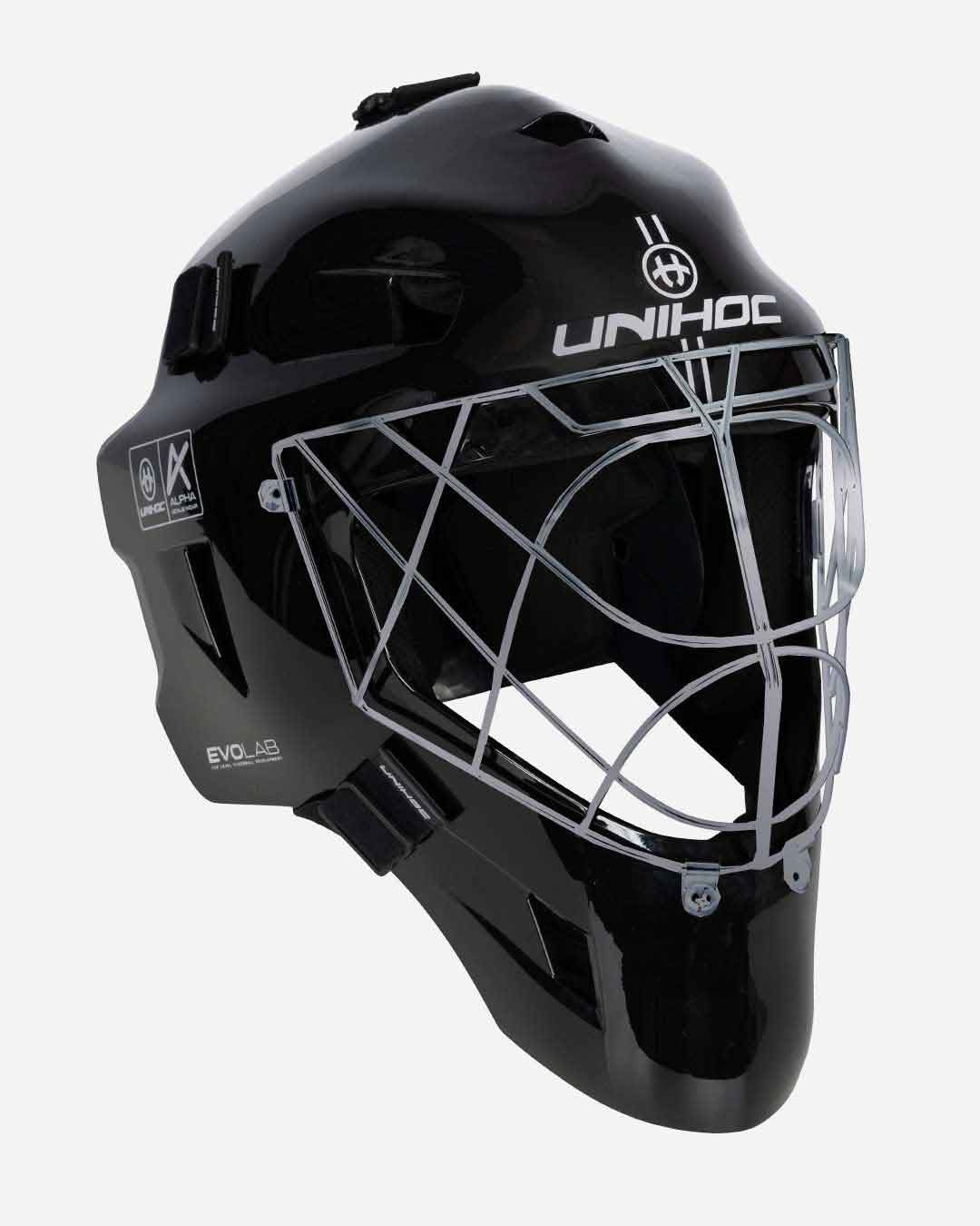 Svart målvaktshjälm med galler och visir, UNIHOC-logga