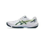 Innebandysko Asics Beyond FF 2 M i vit med limegröna detaljer och mörk sula.