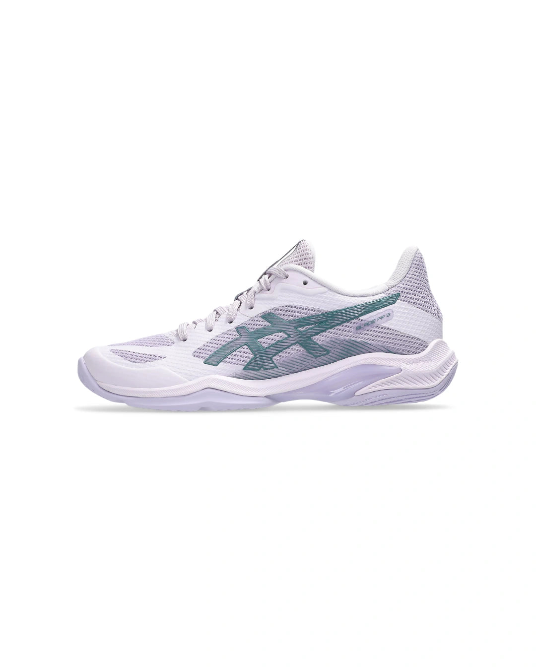 Innebandy-skor Asics Blade FF 2 W i vit och ljuslila med gröna detaljer, snörning