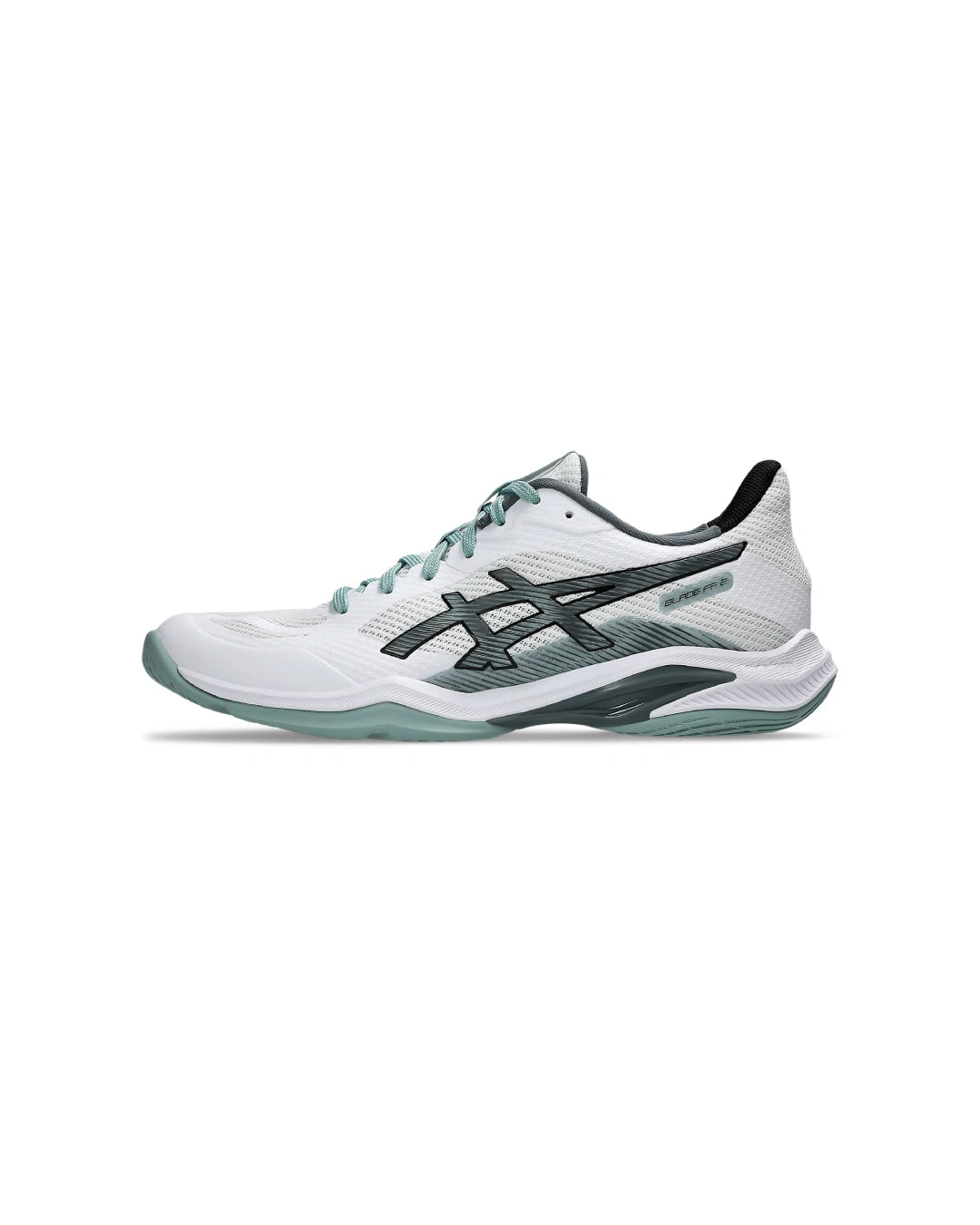 Innebandysko ASICS med vit ovandel, mintgröna detaljer och snörning