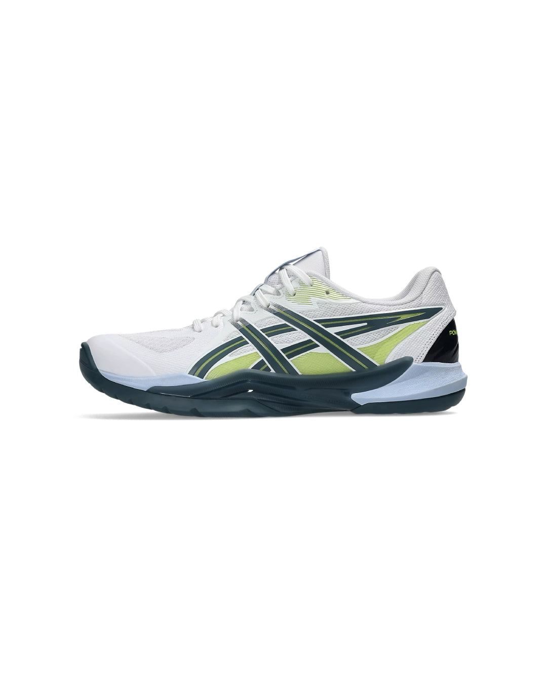 Innebandyssko Asics Powerbreak FF i vitt med gröna ränder och mörk sula