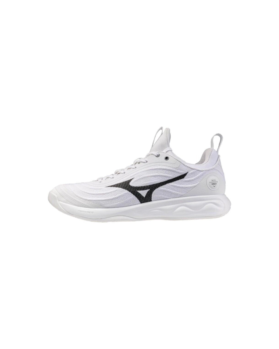 Innebandysko Mizuno Wave Luminous Elite i vitt med svart logga och snörning.