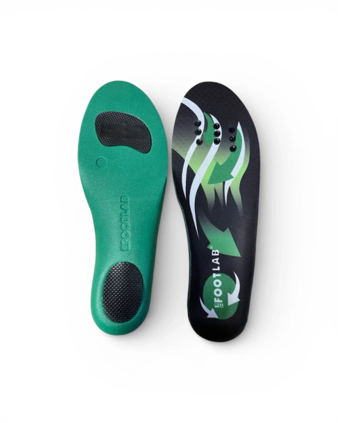 ESD-inläggssula i grönt och svart, med halkfri undersida och Footlab-motiv